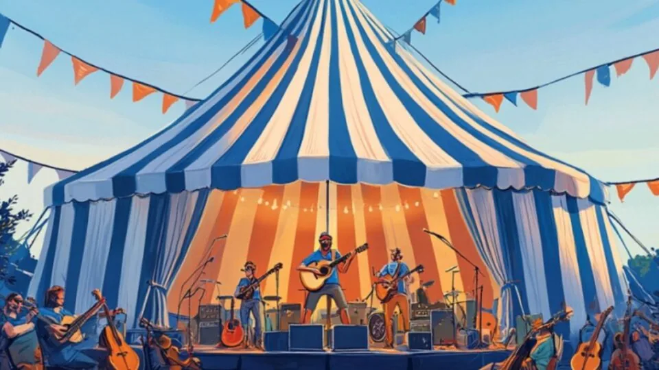 Lively music festival under a striped tent with bunting, featuring guitarists and a welcoming outdoor atmosphere.