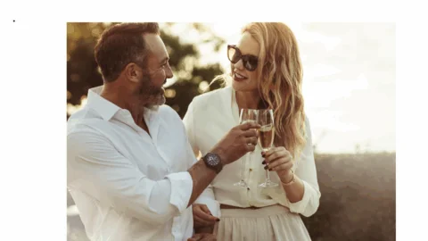 A man and woman in white clothing smile and clink glasses of champagne outdoors, with greenery and sunlight in the background.