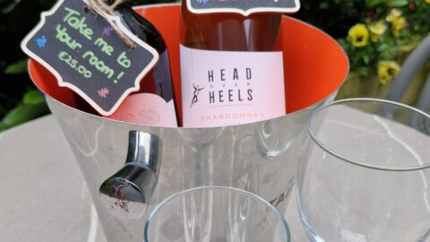 Two bottles of wine in an ice bucket with price tags, next to two empty wine glasses on an outdoor table with green plants in the background.