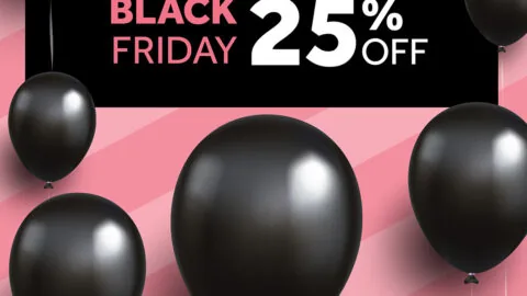 Black balloons float against a pink striped background with a banner that says 
