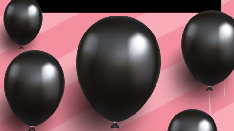 Black balloons on a pink striped background with text: 