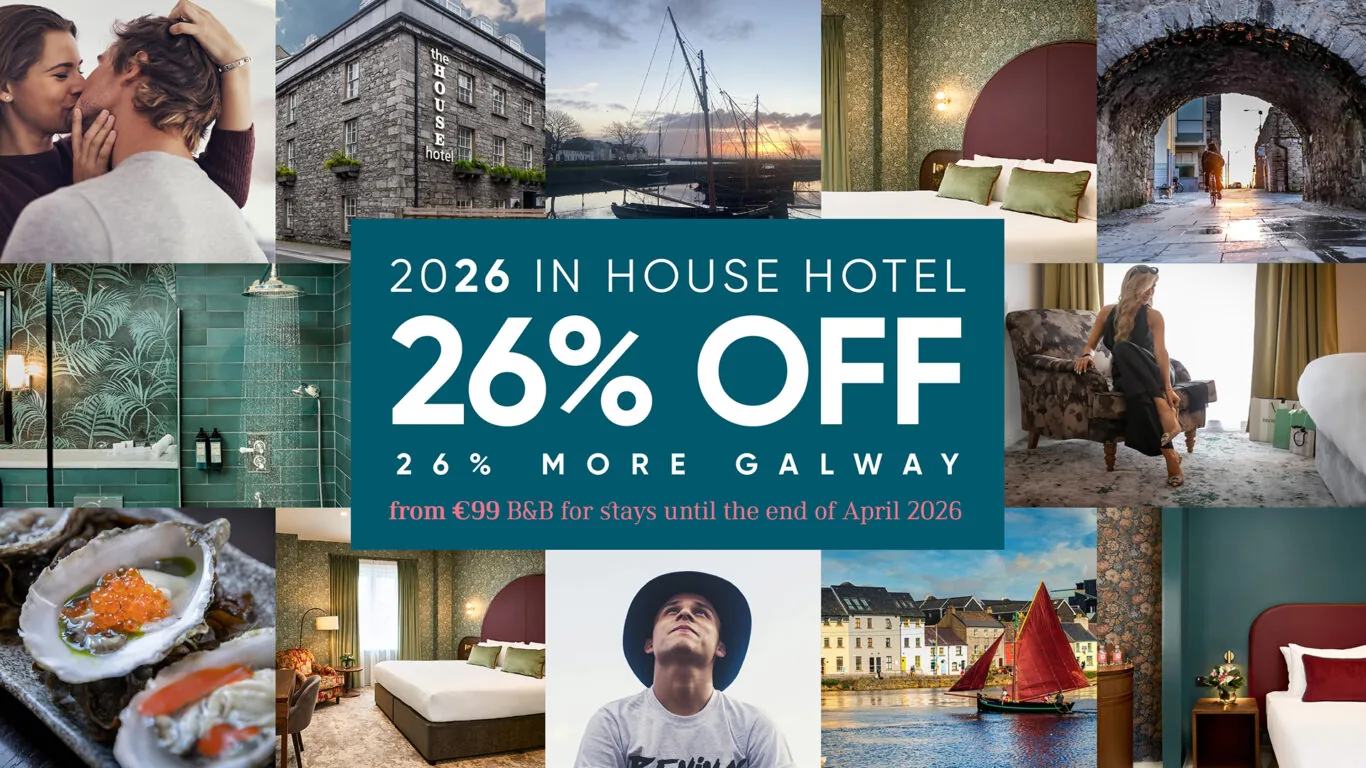Collage of hotel interiors, food, Galway city scenes, and a couple, with text overlay: