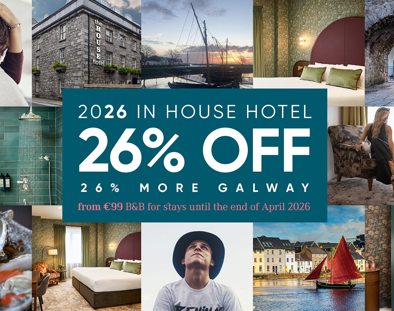Collage of hotel interiors, food, Galway city scenes, and a couple, with text overlay: