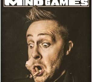 A man with a distorted face appears to pull a rubbery mask of his own mouth, under the title 