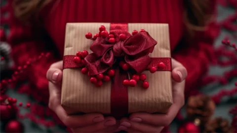 Festive gift with red ribbon held in hands, evoking a warm holiday atmosphere at the hotel. Ideal for Christmas stays.