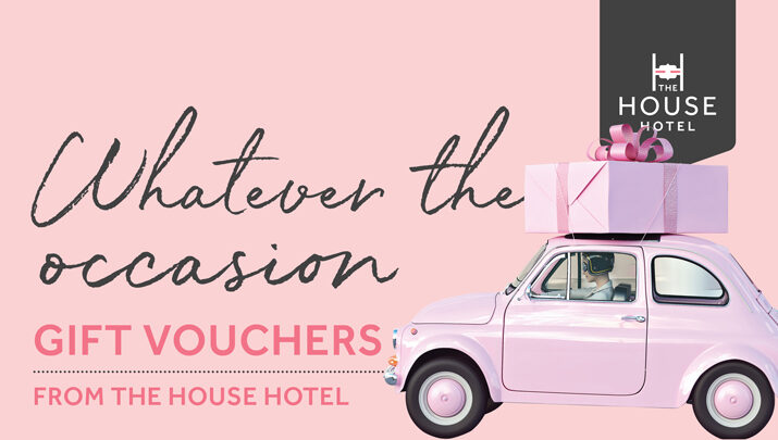 Pink background with a vintage car carrying a gift box, promoting gift vouchers at The House Hotel.